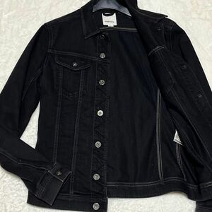 美品/M〜L相当◆ DIESEL デニムジャケット ディーゼル ブルゾン ストレッチ ブラック レザーパッチ ロゴプレート ライダース メンズ 