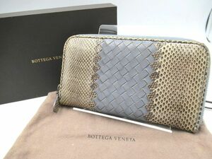 ☆BOTTEGA VENETA ボッテガヴェネタ ラウンドファスナー イントレチャート パイソン レザー ブルー系 男女兼用 長財布 箱・保存袋付き☆