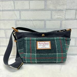 良品 Harris Tweed ハリスツイード チェック ショルダー バッグ 斜め掛け グリーン 緑 本革レザー レディース