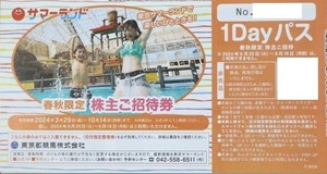 即決！サマーランド 春秋限定 株主ご招待券 東京都競馬 株主優待券 １Dayパス 1枚/2枚/3枚/4枚/5枚/6枚/7枚/8枚 プール 入場 フリーパス