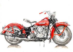 Ａ４プリントです　ハーレーダヴィッドソン　1948EL　パンヘッド　水彩画　　バイクイラスト　　