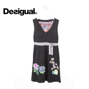 A3890/極美品 春夏 DESIGUAL デジグアル ウール 花刺繍 ノースリーブ デザイン Aライン ニット 膝丈 ミモレ丈 ワンピースM程 黒/レディース