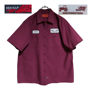 RED KAP 半袖ワークシャツ size XL オーバーサイズ ワイン 裾タグ ゆうパケットポスト可 胸 ワッペン NORTHWESTERN 古着 洗濯 プレス済 k23