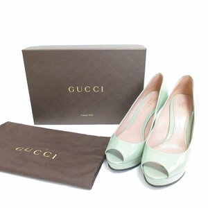 良品 GUCCI グッチ パテント エナメル オープントゥ プラットフォーム ピンヒール パンプス 36 約23.0cm エメラルドグリーン ◆