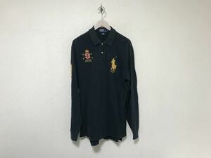 本物ポロラルフローレンPOLO RALPH LAURENコットンロゴ刺繍ビッグポニー長袖ポロシャツメンズアメカジサーフミリタリーゴルフM黒ブラック