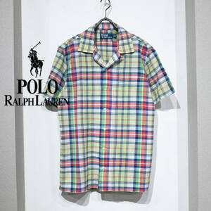 M / 90年代 POLO RALPH LAUREN ポロラルフローレン 半袖 開襟 オープンカラーシャツ マドラスチェック柄 緑 赤 青 トラッド アイビー 90