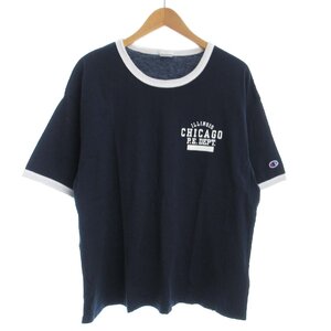 チャンピオン CHAMPION Tシャツ カットソー 半袖 リンガーT ロゴ L 紺 ネイビー 白 ホワイト /ZS メンズ