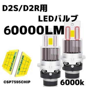 HIDより明るい!!D2S/D2R兼用（D2C）ポン付けLEDバルブ 爆光60000LM　6000K　車検対応　LEDバーナー