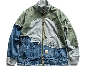 ★ブリーチ カット デニム＆スウェット A/W ルーズ ミリタリージャケット メンズ ヴィンテージ ジャージ レトロ M〜2L オーバーサイズ★650