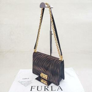 美品 FURLA ハラコ ショルダーバッグ レザー チェーン トラ柄 茶