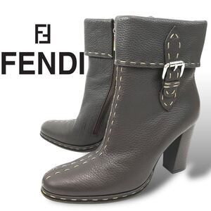 t74 良品 FENDI フェンデイ レザー ショートブーツ ステッチ ベルトデザイン ダークブラウン 38 イタリア製 正規品 レディース