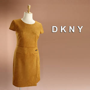 半額セール★新品 DKNY 16/21号 ダナキャラン 茶色 キャメル スエード調 ワンピース パーティドレス 半袖 大きいサイズ 結婚式 葵39FF1104