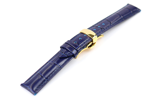 腕時計 レザー ベルト 18mm ネイビー 紺 クロコダイル型押し 牛革 プッシュ式 Dバックル イエローゴールド ar04nv-pd-y