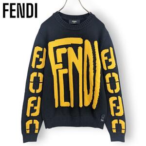 20AW フェンディ FENDI ズッカ柄 ビッグロゴ ニット セーター プルオーバー デカロゴ 畦編み ウール100％ ブラック×イエロー メンズ