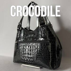 ★１円スタート★クロコダイル crocodile ワニ革 鰐革 ハンドバッグ トートバッグ シャイニー ブラック 黒 エキゾチックレザー D28.