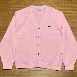 70s 80s IZOD LACOSTE アイゾッド ラコステ アクリル カーディガン Lサイズ 糸巻きタグ 青ワニ ニット サーモンピンク ビンテージ