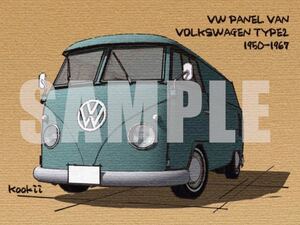 フォルクスワーゲン タイプ2 VOLKSWAGEN TYPE2 DELIVERYVAN オリジナル手描き風イラスト（旧車、VW、ワーゲンバス、パネルバン）TYPE2-PV15