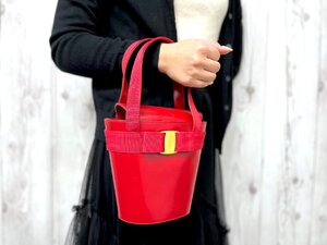 極美品 Ferragamo フェラガモ ヴァラリボン ハンドバッグ バッグ レザー×ナイロンキャンバス 赤 79146