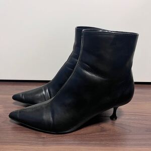 【難あり】ZARA ザラ サイドジップ ローヒール キトンヒール ピンヒール アンクル ショートブーツ ブラック 黒 フェイクレザー ブーツ 25