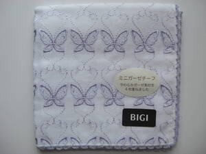 【未使用】ハンカチ/BIGI/レディース/ガーゼ/4枚重ね/蝶柄/刺繍/日本製/綿100%