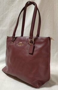 ★COACH コーチ★ F48637 レザー トートバッグ ハンドバッグ ゴールド金具 ワインレッド レザーチャームあり 02298