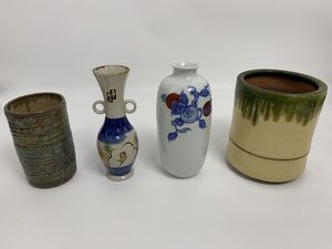 中古 インテリア 花瓶 4点セット 瀬戸焼 緑 手がき 一輪挿し 有田焼 鍋島和泉 柿 織部 手あぶり火鉢 和風 古民家 管41968114