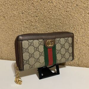 良品　 GUCCI グッチ　GGマーモント　オフィディア　シェリーライン　ラウンドファスナー　長財布　ブラウン系