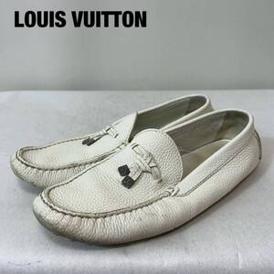 1円 LOUIS VUITTON ルイヴィトン メンズ LV ロゴ レザー メンズ スリッポン ドライビングシューズ ローファー 革靴 白 8 M 27cm ローファー