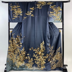 訪問着 身丈174cm 裄丈68cm L 袷 菊 扇 金彩 青灰色 正絹 名品 一つ紋 【中古】