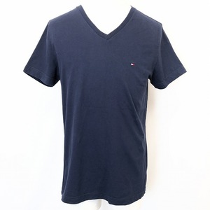 TOMMY HILFIGER トミーヒルフィガー S メンズ 男性 Tシャツ カットソー ワンポイントロゴ刺繍 Vネック 半袖 綿100% コットン ネイビー 紺