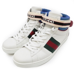 【美品】グッチ 523472 ACE stripe high-top sneaker シェリーライン ハイカット ベルクロ スニーカー メンズ 8 白 イタリア製 GUCCI