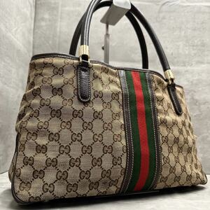 1円■最高級■ グッチ GUCCI メンズ GGキャンバス シェリーライン トートバッグ ハンドバッグ ビジネスバッグ レザー 本革 A4◎ 大容量