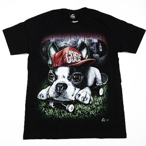 送料無料/新品 半袖Tシャツ チワワ 犬 スケボー スノボー 蛍光ペイント 両面プリント黒 メンズS レディースM 男女兼用■TB20-077（4）6/05