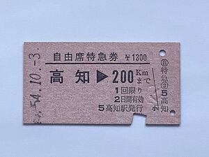 【希少品セール】国鉄 自由席特急券 (高知→200kmまで) 高知駅発行 9018