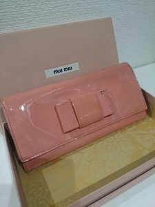 正規品 miumiu エナメル ピンク パテント レザー リボン 長財布 PRADA プラダ ミュウミュウ イタリア製 送料無料