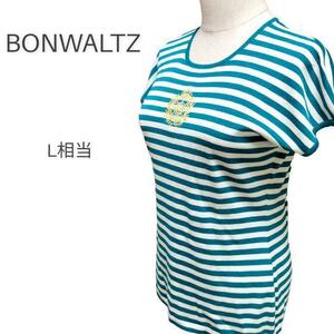 BONWALTZ　ボーダー柄　フレンチスリーブ　麻ニット　グリーン　Ｌ相当　レディース　女性用　清楚　ノースリーブ