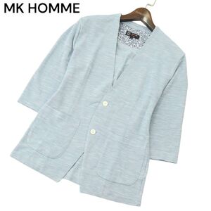 MK HOMME ミッシェルクラン オム 春夏★ メランジ TC ボタニカル 7分袖 ノーカラー ジャケット Sz.46　メンズ 水色 青系　A4T06565_6#M