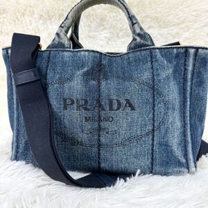 【美品】プラダ PRADA カナパ デニム ジーンズ ハンドバッグ 2way ショルダーバッグ レディース Sサイズ 三角ロゴ ブルー インディゴ