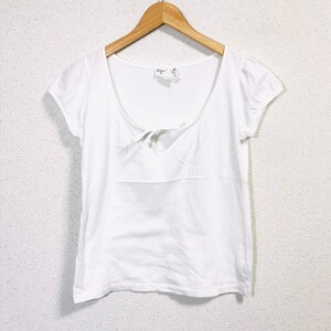 h962dL 日本製 agnes b. アニエスベー サイズ2 (M位) 半袖Tシャツ カットソー ホワイト 白 ラウンドネック リボン シンプル 着回し 綿100%