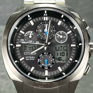 美品 CITIZEN ATTESA シチズン アテッサ U680-T015603 エコドライブ ソーラー電波 腕時計 アナログ ブラック チタン デジタル カレンダー