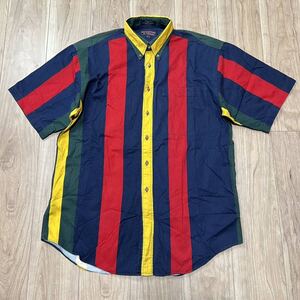 【送料360円】90s ビンテージ 古着 ROUNDTREE&YORKE 半袖シャツ ストライプ マルチカラー ヴィンテージ メンズ サイズM 大きめ R-4392