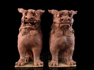 【雲】某名家委託品 琉球 壺屋焼 阿吽 シーサー 獅子 一対 高さ約32.5cm 古美術品(旧家蔵出)AY1900 DTmn21