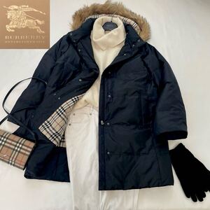 ◆ゆったり大きいサイズ◆美品◆バーバリー◆BURBERRY 15号/46-48/XXL.3L.4L ラクーンファー3way☆メガチェックコンビダウンコート 黒