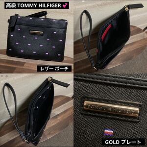 1点限り 最終値下げ 希少品 高級品 TOMMY HILFIGER トミーヒルフィガー レザー ポーチ バッグ ゴールド プレート ロゴ ブラック