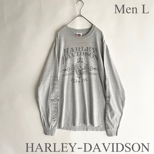 HARLEY-DAVIDSON ハーレーダビッドソン プリントTシャツ 両面プリント Hanesボディ ロングスリーブ 袖プリント ロンT グレー size L sk 