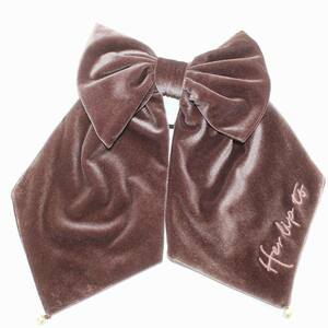 ハーリップトゥ Her lip to Velvet Bow Scrunchie ヘアゴム リボン ベロア ロゴ刺繍 パール付き 茶 ブラウン /YI5 レディース