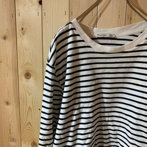 [KWT2075] ZARA ショート丈長袖Tシャツ レディース ホワイト×ブラックボーダー M ポス