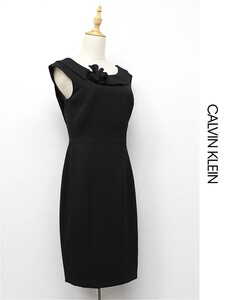 R-J390/Calvin Klein ドレス ひざ丈ワンピース ノースリーブ ストレッチ 4 L~XL 黒