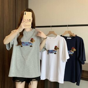 Tシャツ レディーストップス デザイン 韓国ファッション ゆったり S ライトグレー