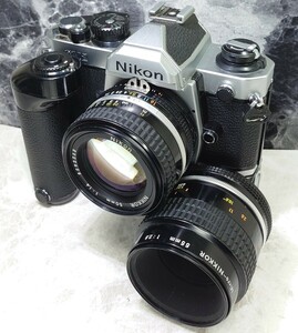 【終活整理】 Nikon NEW FM2＋Ai-s NIKKOR 50mm f1.4＋Micro-NIKKOR 55mm f2.8マクロ＋モータードライブMD-12 各動作良好 露出計OK光学良好